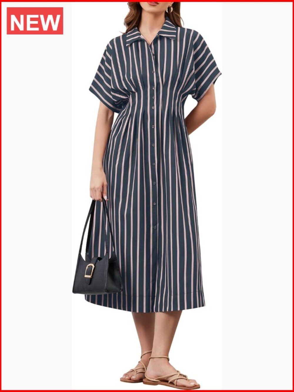 Women's Button Front Pleated Shirt Maxi Dress Short Sleeve Collar Casual Long